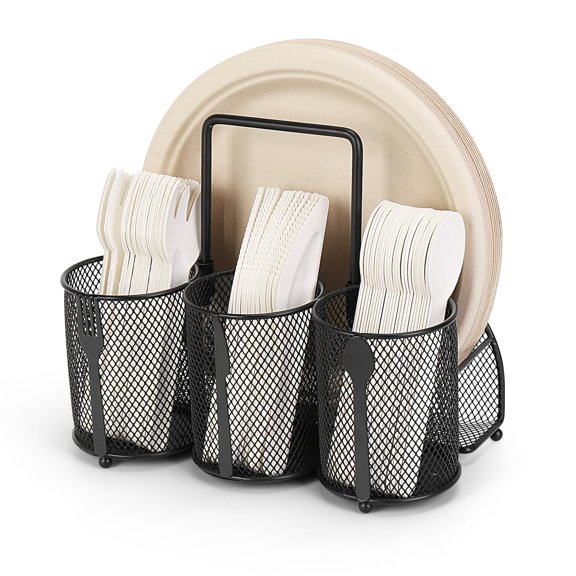 4-Compartment Metal Cutlery Caddy with Paper Plate Holder for Party, Buffet, Picnic, Outdoor Use