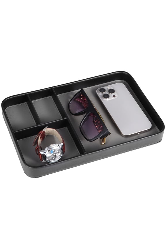 4-Compartment PU Leather Tray, Divided Catchall Organizer for Desk and Entryway, Stylish PU Leather Valet Tray, Multifunctional Storage Organizer for Phone Key Watch Wallet Jewelry