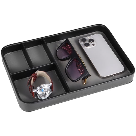 4-Compartment PU Leather Tray, Divided Catchall Organizer for Desk and Entryway, Stylish PU Leather Valet Tray, Multifunctional Storage Organizer for Phone Key Watch Wallet Jewelry