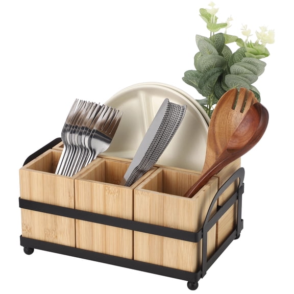 4-Compartment Silverware Caddy, Wood Utensil Holder with Metal Frame, Open Design Cutlery Flatware Organizer for Spoons Forks Plates Napkins, 11.4 x 7.16 x 5.31 in for Kitchen, Party Countertop