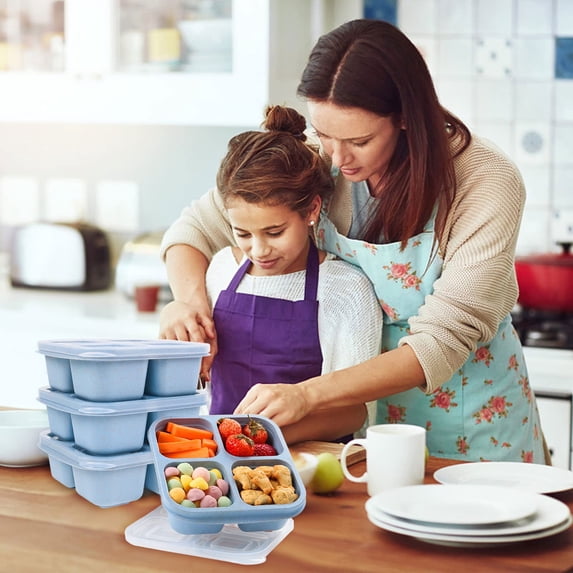 4 Compartment Snack Containers 3Pcs Reusable Wheat Straw Bento Box Microwave Safe Food Storage Dividers for School Work Travel
