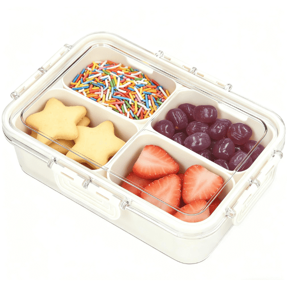4 Compartment Snackle Box Container with Lid, Portable Travel Charcuterie Tray for Candy Fruit Nuts Veggies, Reusable Plastic Snack Organizer for Beach Picnic Lunch Road Trips