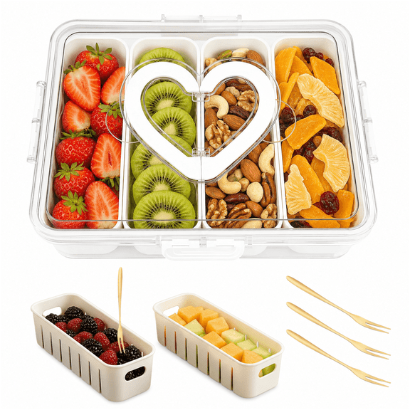 4 Compartment Snackle Box Container with Lid, Portable Reusable Stackable Divided Serving Tray for Travel, Picnic & Party Food Storage