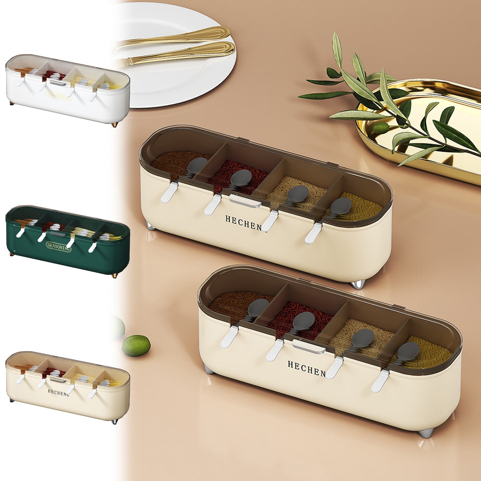 Spoon Compartment 4 Compartment Spice Jar Set with Spoons and Non Slip Tray for Kitchen ...