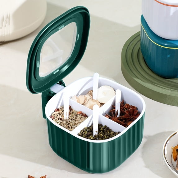 4 Compartment Spice Organizer with Lids and Spoons, Airtight Kitchen Storage Box for Countertop, Seasoning Container with Measuring Spoons