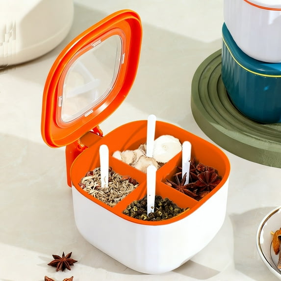 4 Compartment Spice Organizer with Lids and Spoons, Airtight Kitchen Storage Box for Countertop, Seasoning Container with Measuring Spoons