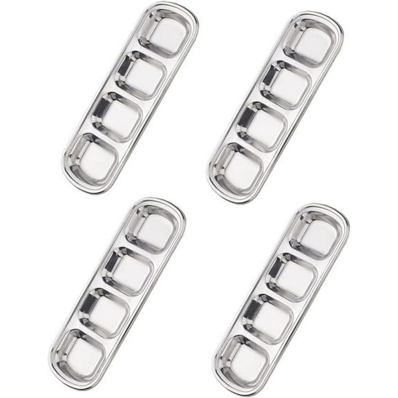 4-Compartment Stainless Steel Dipping Sauce Dish, Set of 4. Suitable for serving sauce, vinegar, soy, BBQ, hotpot, snacks, and more at parties or dinners. Dishwasher safe, silver in color.