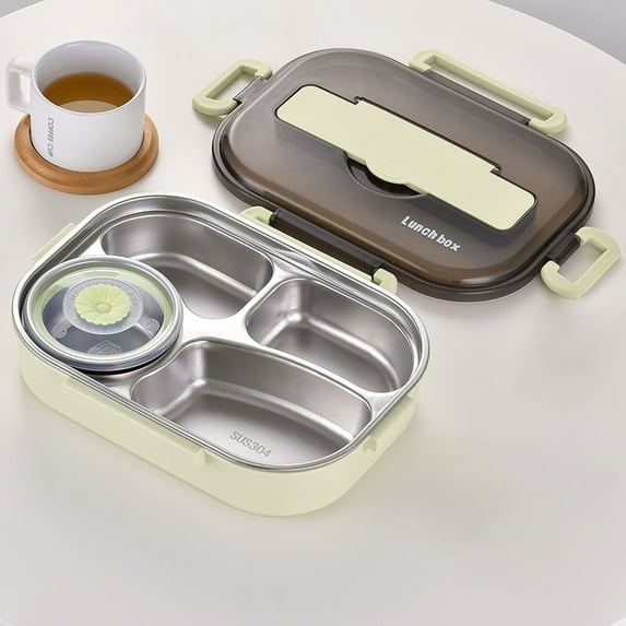 4-Compartment Stainless Steel Lunch Box - Thermal Insulation Bento, Soup Container, 1300ml Leakproof, for Office School Picnic, Portable Meal Prep Kit, Green