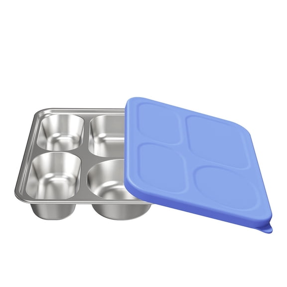 4-Compartment Toddler Plate Stainless Steel Divided Plate For Kids, Baby Dinner Plate With Silicone Lid Children Tableware Baby Feeding Plate,Compartment Plastic Food Storage Organizer.