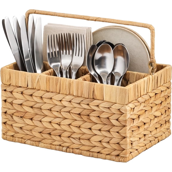 4-Compartment Wicker Cutlery Organizer with Handle, Natural
