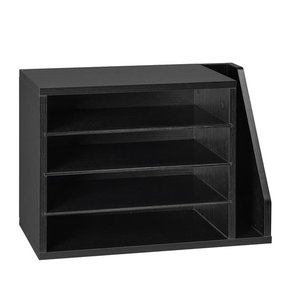 4-Compartment Wooden Mailbox Sorter, Detachable Shelves & Side Storage, Countertop File Holder, Black