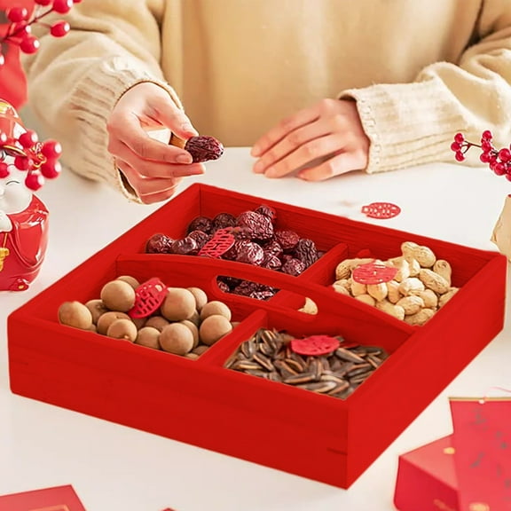 4-Compartment Wooden Snack Tray - Handheld Dried Fruit & Nut Serving Dish, Wedding & Engagement Decorative Gift, Oven-Safe Traditional Wood Snack Box, Multi-Purpose Kitchen & Party Decor