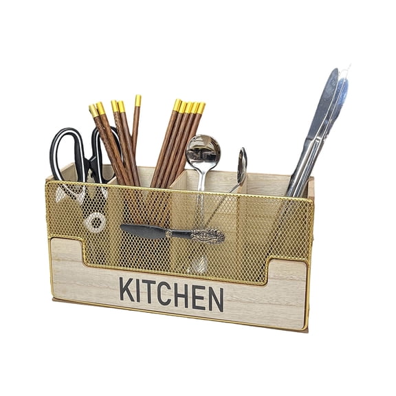 4 Compartment Wooden Utensil Caddy, Tabletop Cutlery Sorting Rack, Natural Wood Organizer for Fork Spoon Storage, Knife Chopstick Arrangement
