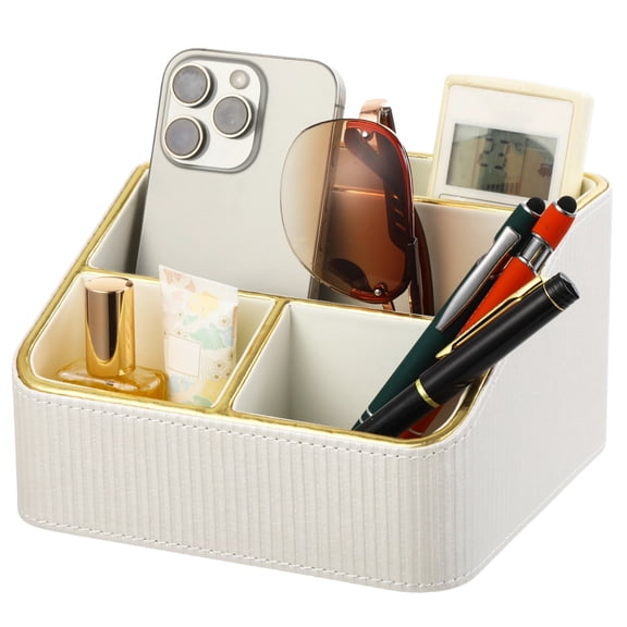 4 Compartments Remote Control Holder, PU Leather Nightstand Organizer, Tiered Bedside Caddy, Desktop Storage Container for Stationery Office Supplies, Stylish Vanity Tray for Makeup