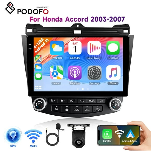 4 Core 4G+128G Android 15 Car Radio for Honda Accord 2003-2007, Podofo Car Stereo Wireless Carplay Andorid auto Mirror Link 10'' HD Touchscreen GPS WiFi Bluetooth 5.0 FM/RDS EQ-32 SWC Backup Camera