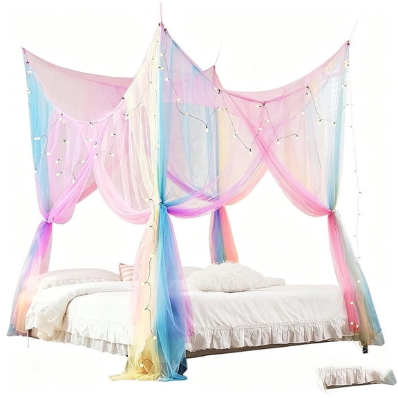 4 Corner Hanging Bed Canopy Net, Decorative Bed Curtain Mosquito Netting, Universal Fit Twin Full Queen King Size For Bedroom & Outdoor Use