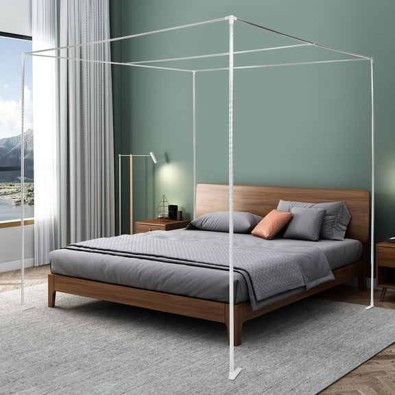 4 Corner Modern Floorstanding Silver Bed Canopy Frame Stainless Steel Post Mosquito Netting Curtain Brackets