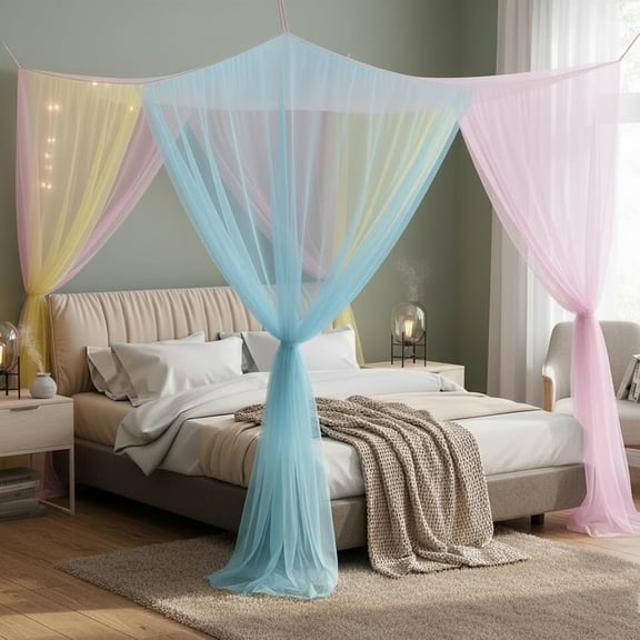 4 Corner Mosquito Net for Bed, Rainbow Canopy Bed Curtains for Full Queen King Size Bed, Elegant Princes Bed Canopy for Patio Indoor Outdoor, Halloween Decoration (Rainbow, 84.7"X82.7"X86.6")