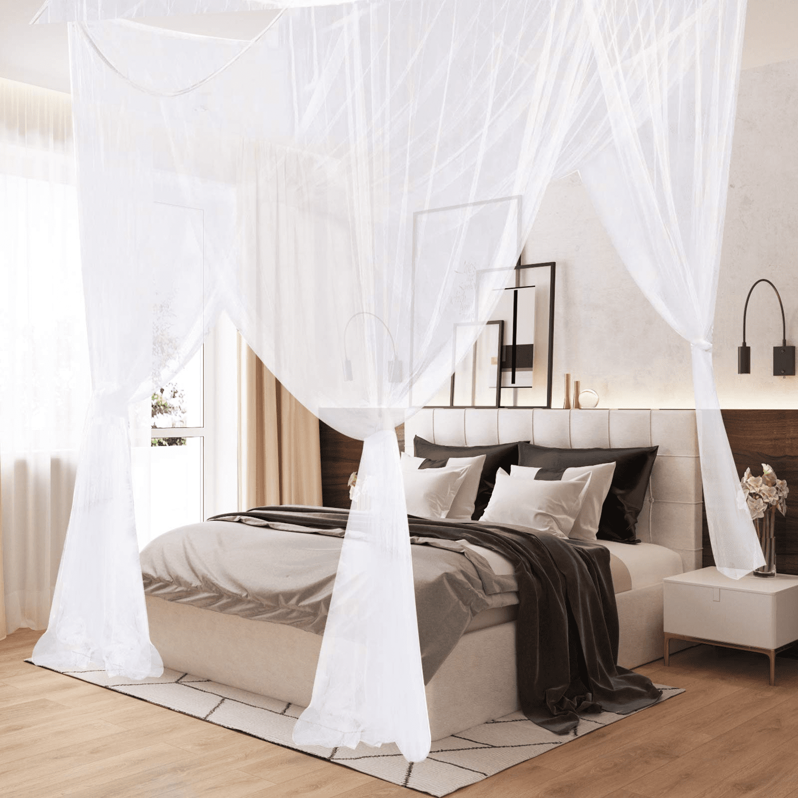 4 Corner Post Bed Canopy Curtains, Angmile 4 Door Square Bed Netting Canopy Curtains Canopy Large Mosquito Netting Bedroom Princess Decoration Fits Full/Queen/King Size