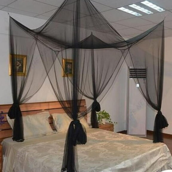 4 Corner Post Bed Canopy, Elegant Curtain Net Bedroom Canopy Curtains for Full/Queen/King Size Bed, 74.8x82.6x94inch (Black)