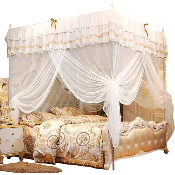 4 Corner Post Canopy Bed Curtain, Luxury Ruffle Tassel Large Mosquito Netting for Girls & Adults, Cute Cozy Drape Square Netting for Bedroom Decoration(59.1 * 78.7 * 78.7in)$$Bedding