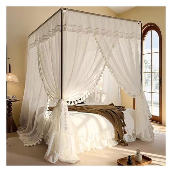 4 Corner Post Mosquito Net with Frame, Floor Canopy Bed Curtains,Cozy Drape Netting Bed Curtain for Wedding, Bedroom Decoration