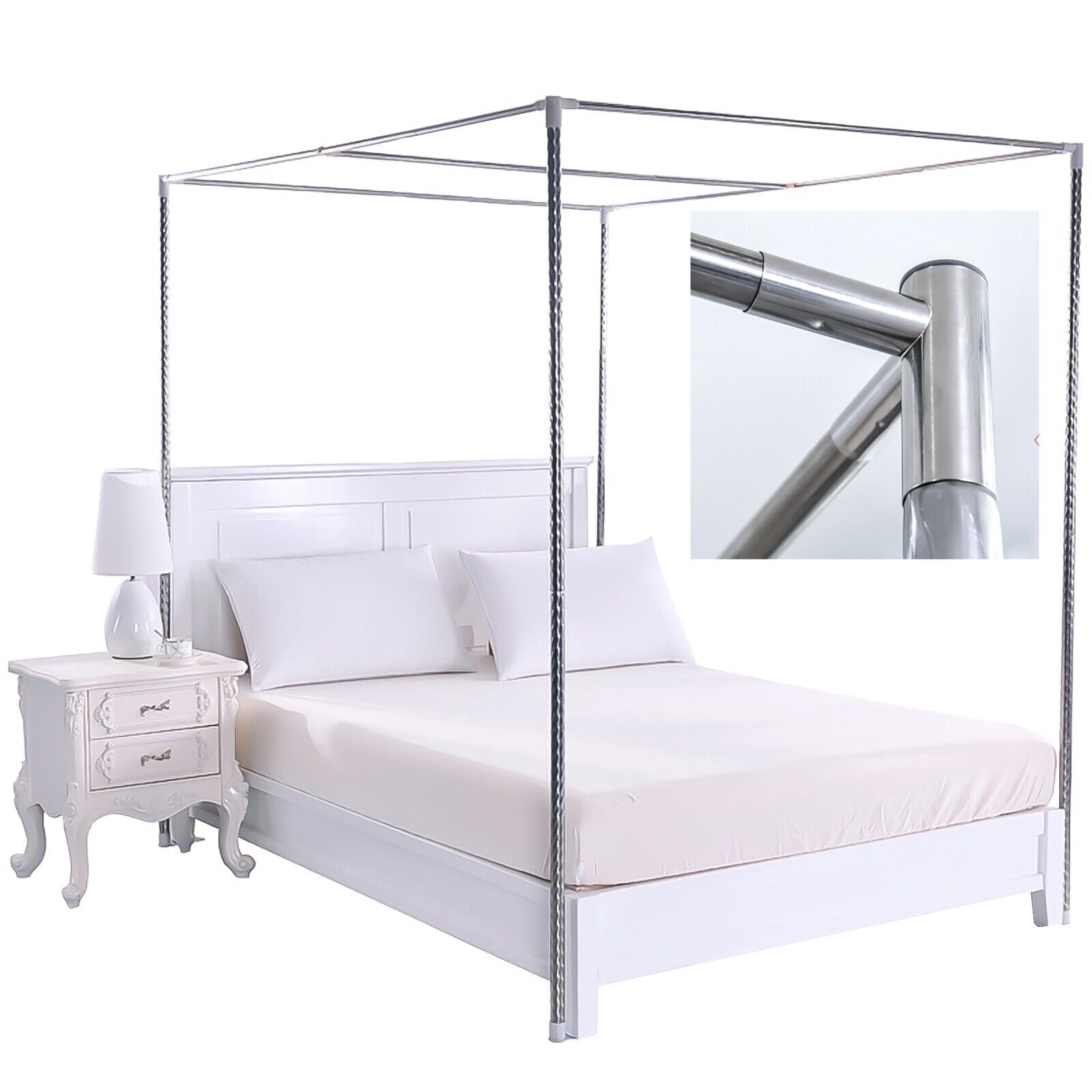 WOOW DEPOT 4 Corners Bed Mosquito Netting Canopy Frame Stainless Steel Post Twin Full Queen King Size