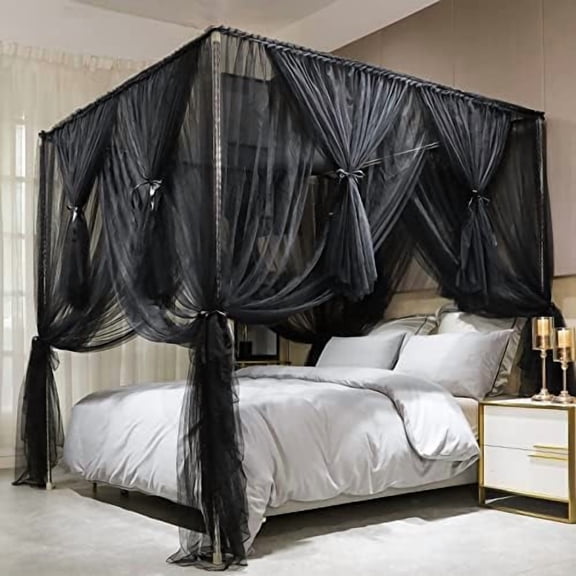 4 Corners Post Canopy Bed Curtain Black- Queen Size Royal Luxurious Cozy Drapes Netting- Elegant Bedroom Decoration Accessories for Adults