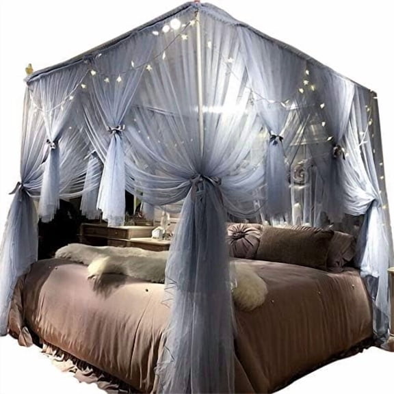 4 Corners Post Canopy Bed Curtain for Girls & Adults - Royal Luxurious Cozy Drape Netting - Cute Princess Bedroom Decoration Accessories(Gray-Blue, Twin)