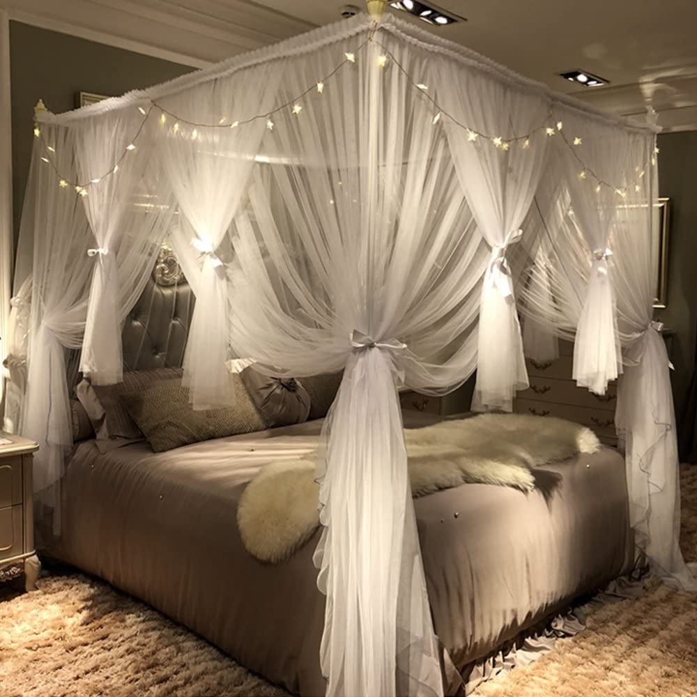 4 Corners Post Canopy Bed Curtain for Girls & Adults - Royal Luxurious Cozy Drapes - Cute Princess Bedroom Decoration Accessories (White, Full/Queen)