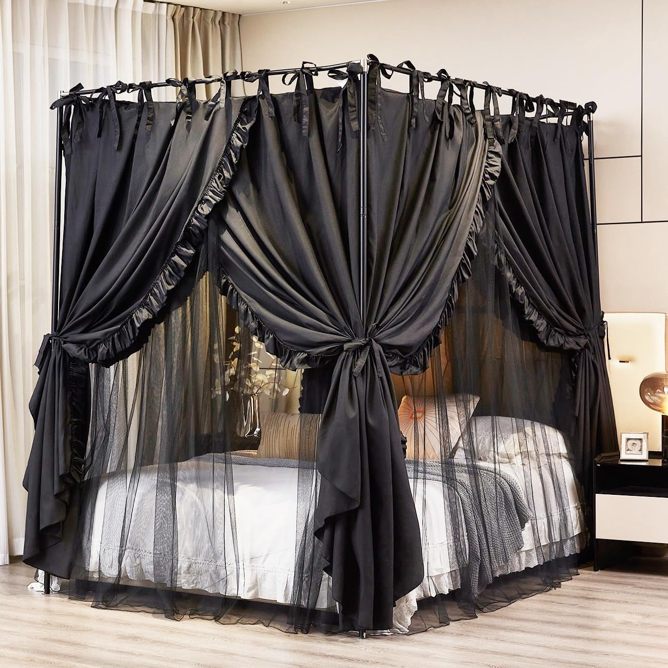 4 Corners Post Canopy Bed Curtains Double Layer Cozy Drape Netting 4 Opening Mosquito Net Mesh for Girls Bedroom Decoration(Black,Queen)