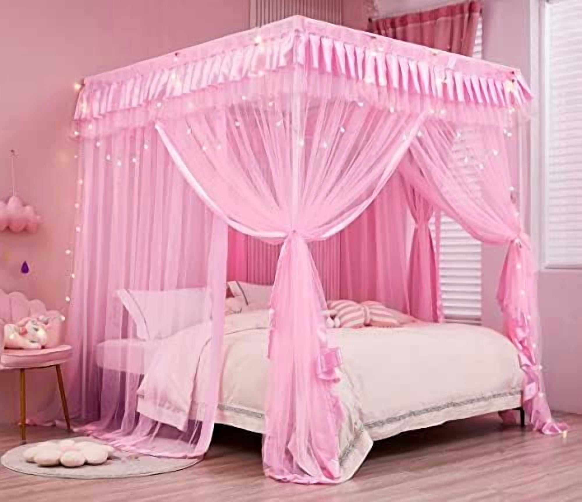 4 Corners Post Canopy Bed Curtains for Girls Full Size - Royal Luxurious Cozy Drape Canopy Bed Frames Netting for Kids Adults- Cute Princess Bedroom Decoration (Pink)