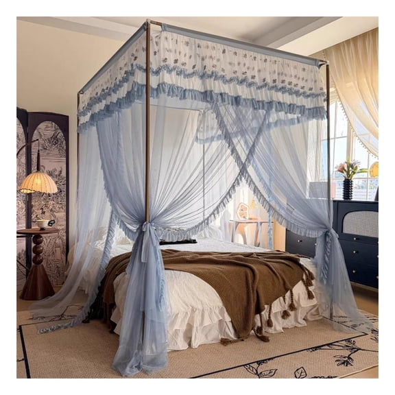 4 Corners Post Floor-Standing Three-Door Bed Canopy, Double Bed Curtains, Mosquito Net with Bracket,Decorative Mosquito Net for Bedroom