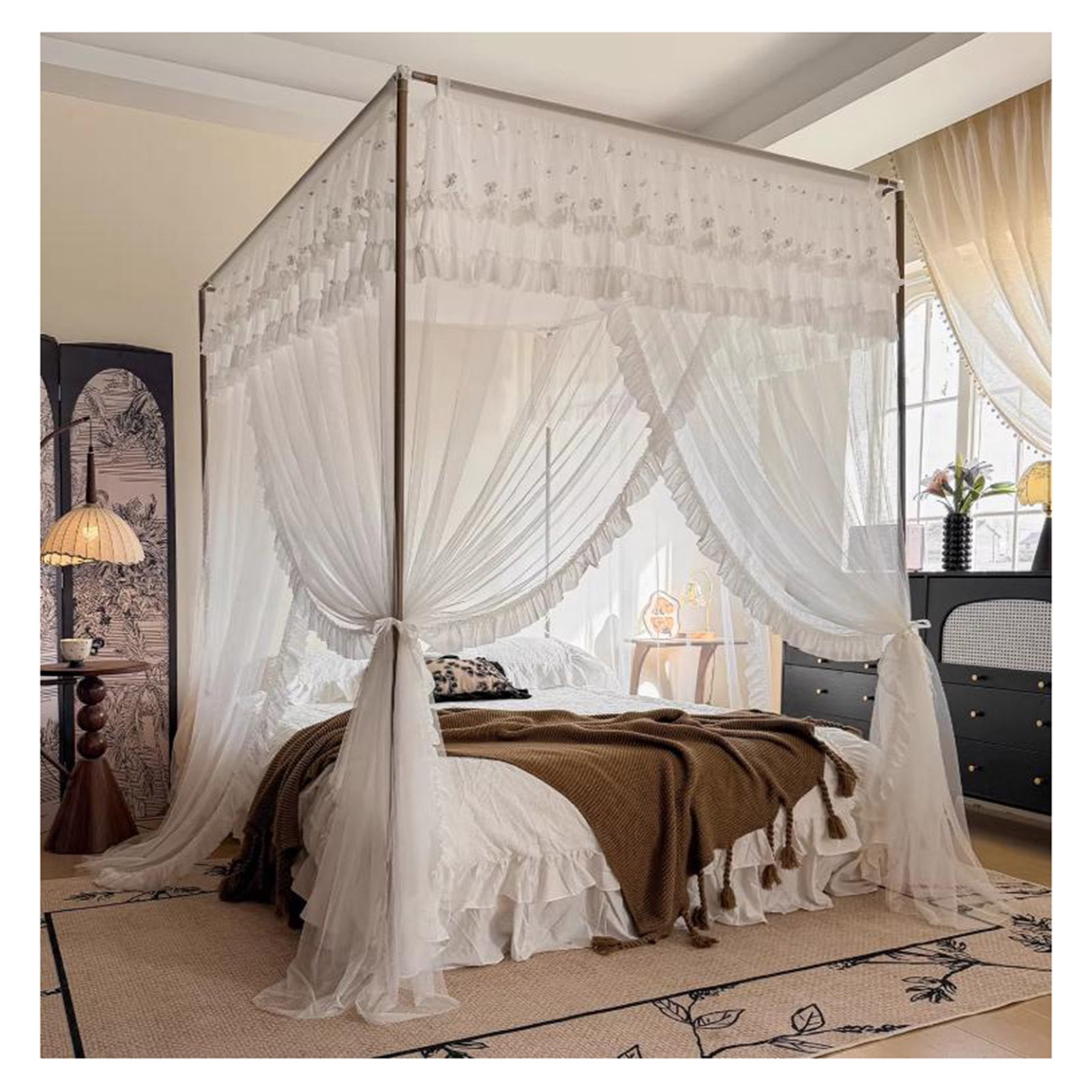 4 Corners Post Floor-Standing Three-Door Bed Canopy, Double Bed ...