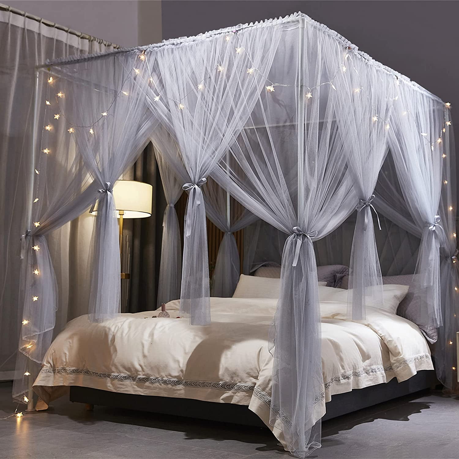 4 Corners Post Princess Bed Canopy Curtain Double Layer Cozy Drape ...