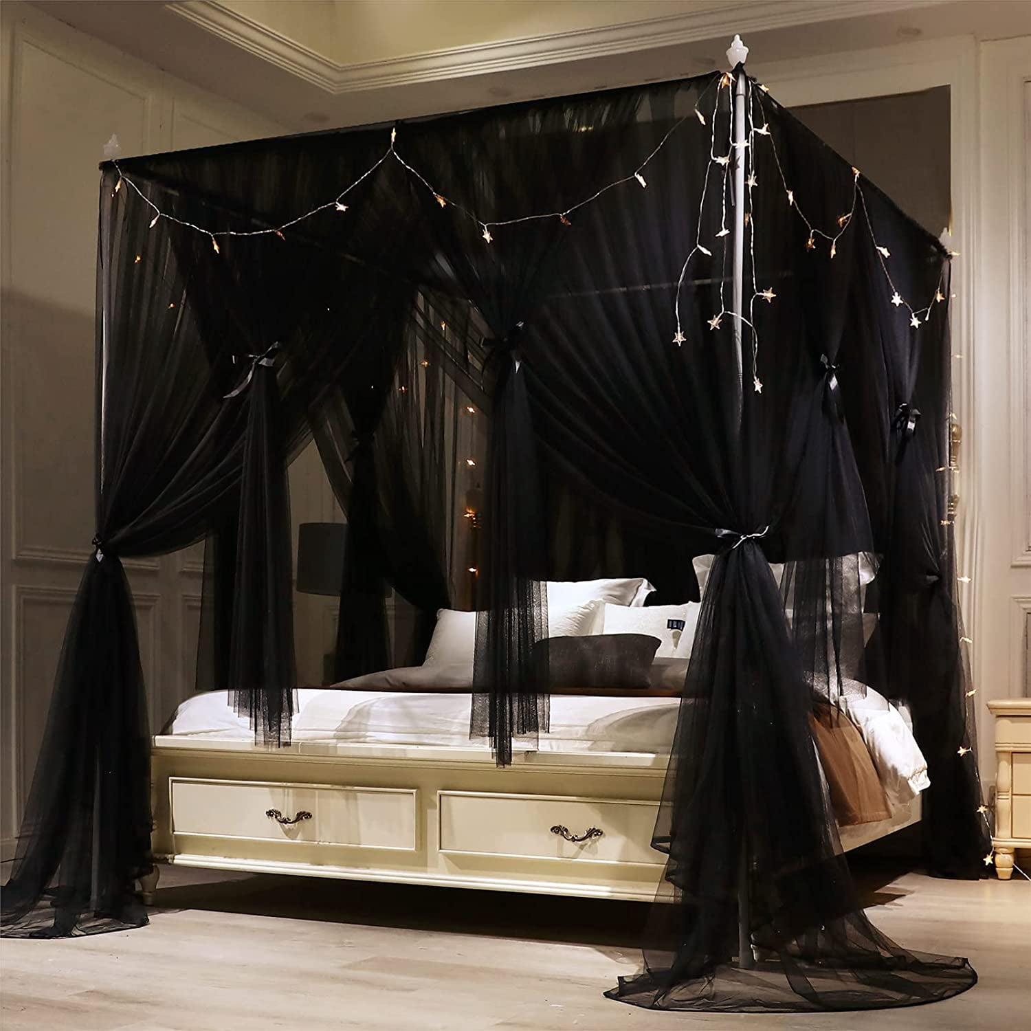 4 Corners Post Princess Bed Canopy Curtain Double Layer Cozy Drape Netting 4 Opening Mosquito Net for Girls & Adults Bedroom Decoration Accessories (Double Black, 78" W*86" L*82"*H/(King))