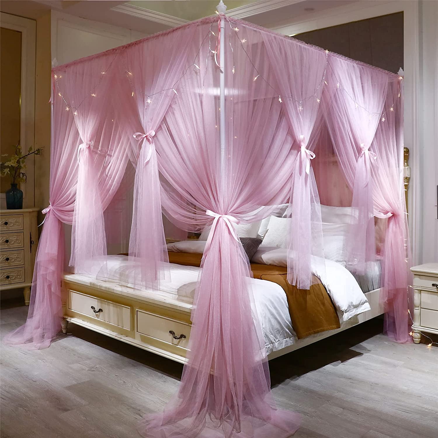 4 Corners Post Princess Bed Canopy Curtain Double Layer Cozy Drape Netting 4 Opening Mosquito Net for Girls & Adults Bedroom Decoration Accessories (Double Pink, 53" W*78" L*82"*H/(Full))