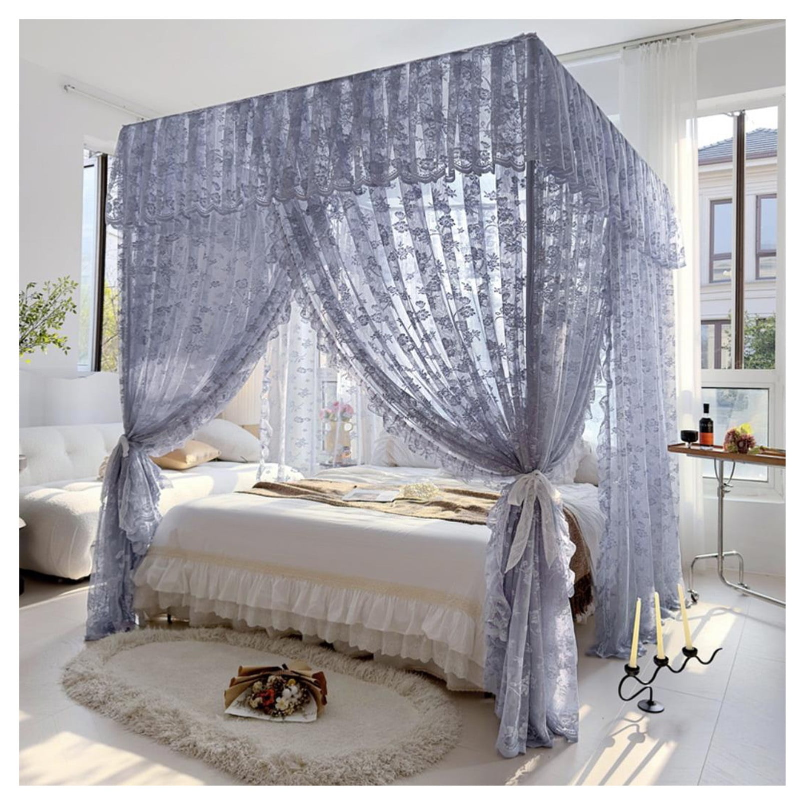 4 Corners Post Princess Canopy Bed Curtains Mosquito Net Bed Drapes Play Tents Room Decoration for Indoor Outdoor
