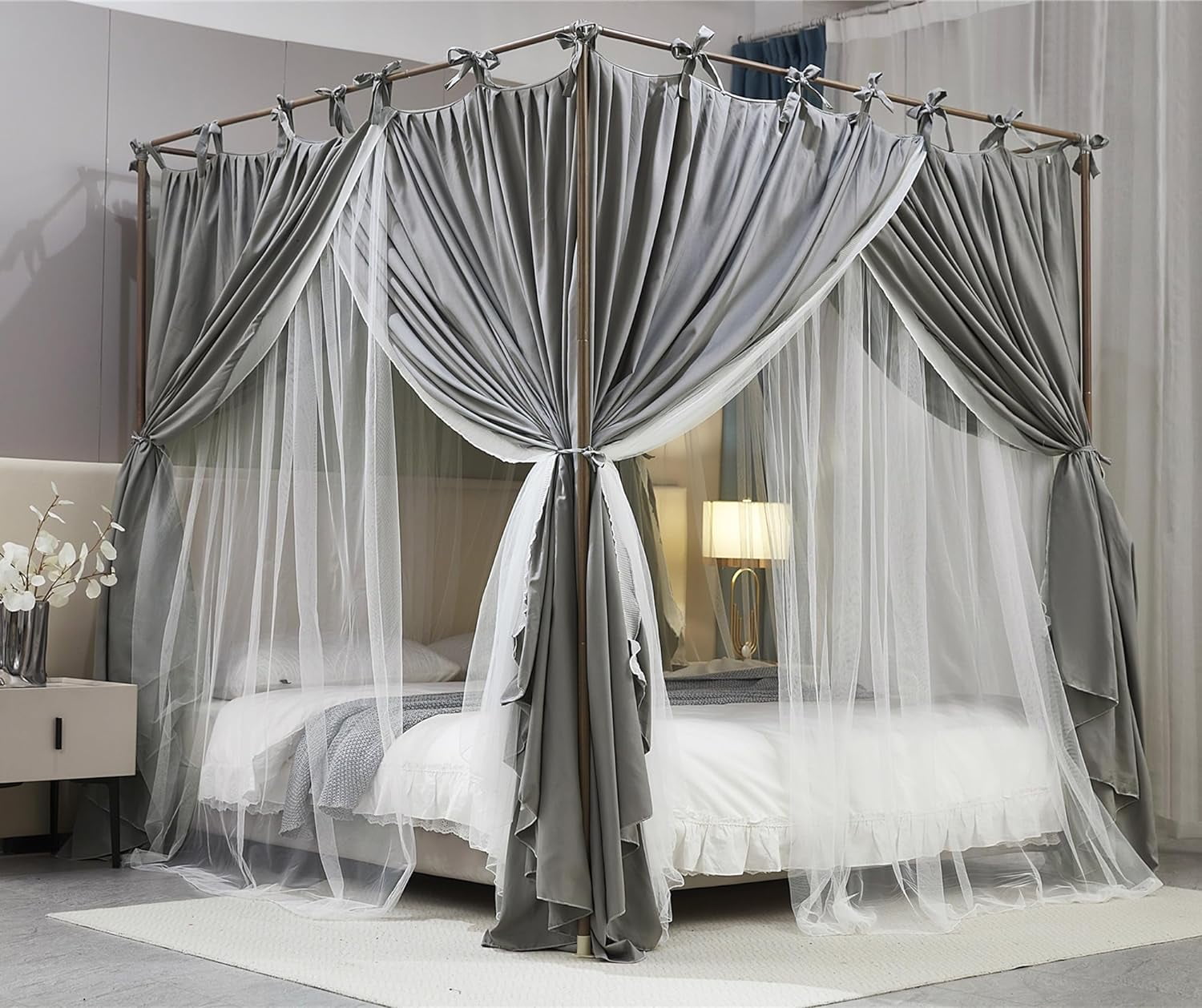 4 Corners Post Princess Curtain Bed Canopy Double Layer Cozy Mosquito Net Mesh and Cloth for Girls Adults Bedroom Decoration (Double-Grey/White, 53" W*78" L*82"*H/(Full))