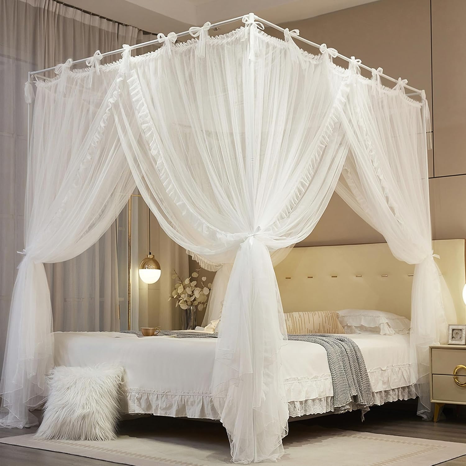 4 Corners Post Princess Curtain Bed Canopy Lace Up Double Layer 4 Opening Mosquito Net Mesh for Girls Bedroom Decoration(White, 59" W*82" L*82" H/Queen)