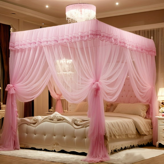 4 Corners Post Ruffle  Bed Canopy Curtain Layer Cozy Drape Netting 4 Opening Mosquito Net For Girls Adults Bedroom Decoration (Pink/Whtie, 70" W*78" L*78" H/Queen)