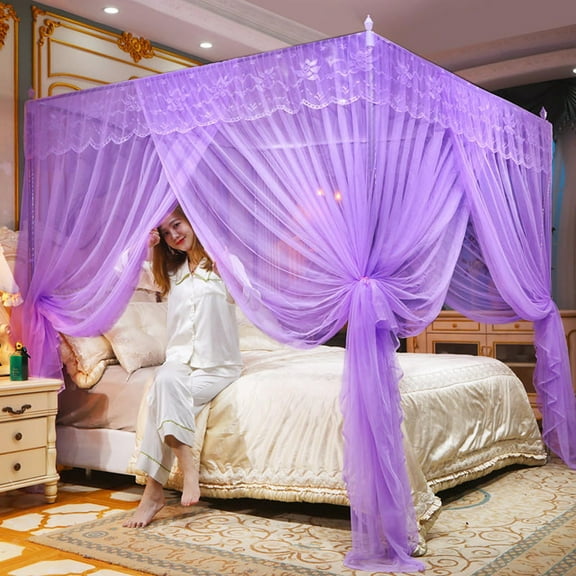 4 Corners Post Ruffle Canopy Bed Curtains for Girls Kids Adults - Cute Cozy Drape Square Netting - 3 Opening Mesh Net Canopy - Princess Bedroom Decoration