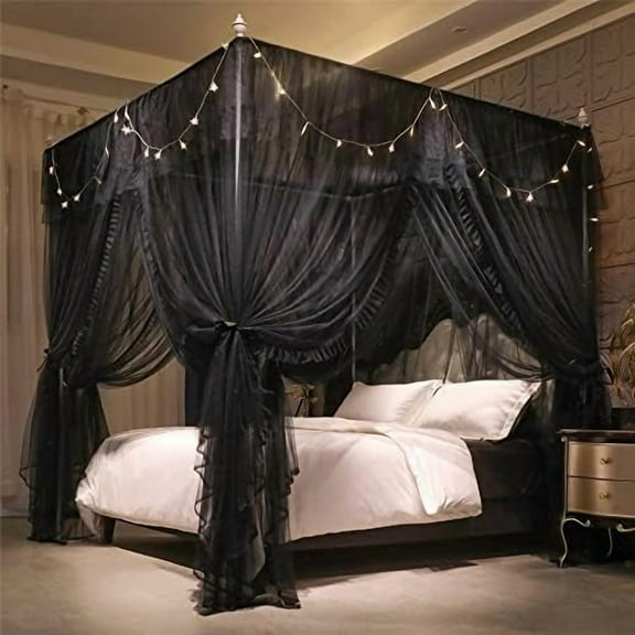 4 Corners Post Ruffle Princess Bed Canopy Curtain-Double Layer Cozy Drape Netting 4 Opening Mosquito Net for Girls Adults Bedroom Decoration (Double-Black,47" W*78" L*82" H/Twin)