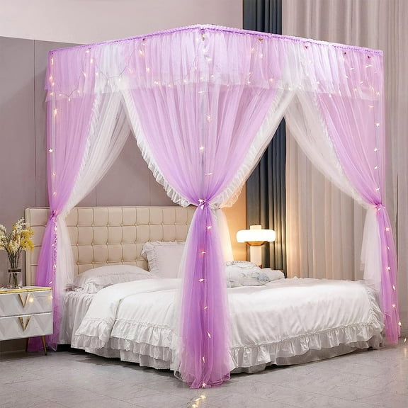 4 Corners Post Ruffle Princess Bed Canopy Curtain-Double Layer Cozy Drape Netting 4 Opening Mosquito Net for Girls Adults Bedroom Decoration (Double-Purple, 47" W*78" L*82" H/Twin)