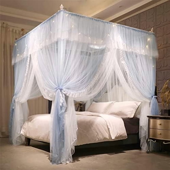4 Corners Post Ruffle Princess Bed Canopy Curtain-Double Layer Cozy Drape Netting 4 Opening Mosquito Net for Girls Adults Bedroom Decoration (Gray/White,59" W*82" L*82"*H/Queen)