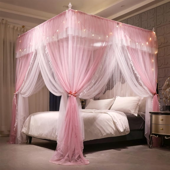 4 Corners Post Ruffle Princess Bed Canopy Curtain-Double Layer Cozy Drape Netting 4 Opening Mosquito Net for Girls Adults Bedroom Decoration (Pink/Whtie,59" W*82" L*82"*H/Queen)