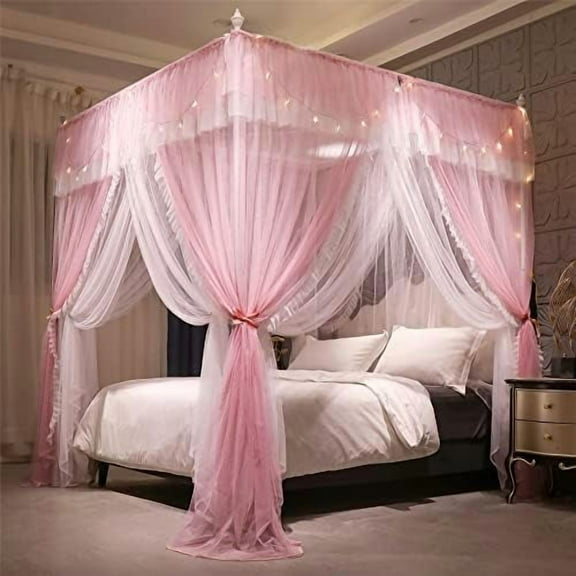 4 Corners Post Ruffle Princess Bed Canopy Curtain-Double Layer Cozy Drape Netting 4 Opening Mosquito Net for Girls Adults Bedroom Decoration (Pink/Whtie,59" W*82" L*82"*H/Queen)