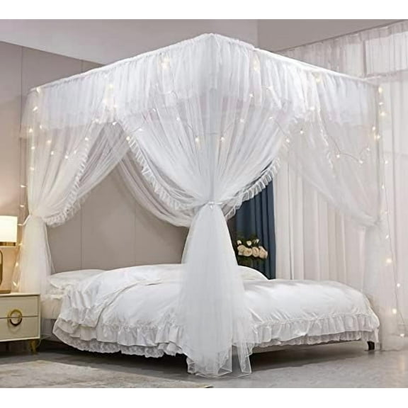 4 Corners Post Ruffle Princess Bed Canopy Curtain-Double Layer Cozy Drape Netting 4 Opening Mosquito Net for Girls Adults Bedroom Decoration (White/White, 59" W*82" L*82"*H/(Queen))