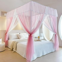 4 Corners Post Ruffle Princess Bed Canopy Curtain - Double Layer Cozy Drape Netting with 4 Openings - Elegant Mosquito Net for Girls and Adults Bedroom Decoration (Pink,Full)