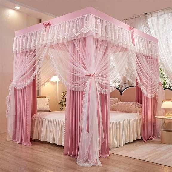 4 Corners Post Solid Color Bed Canopy Curtain Double Layer-Curtain & Ruffle Princess Mosquito Net 4 Opening Netting for Girls Teens Or Adults Bedroom Decoration, Light Pink, Queen